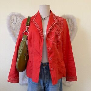 Whimsy Twee Boho Floral Embroidered Blazer Jacket Red Rose Appliqué Funky Bright